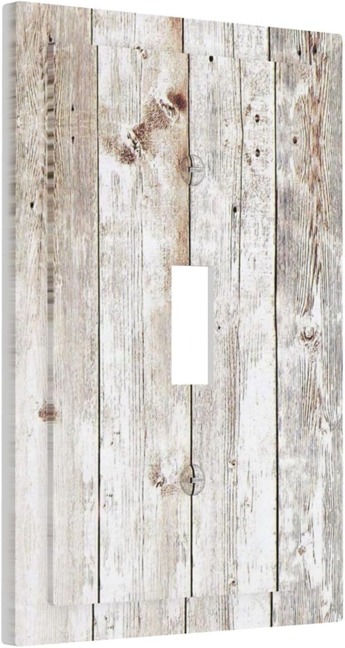 Vintage Light Wood Retro Rustic White Gray Oak Print Decorative Light Switch Cover 1 Gang Single Toggle Device Electrical Faceplate Switchplates Decorator Outlet Wall Plate for Farmhouse Home Decor