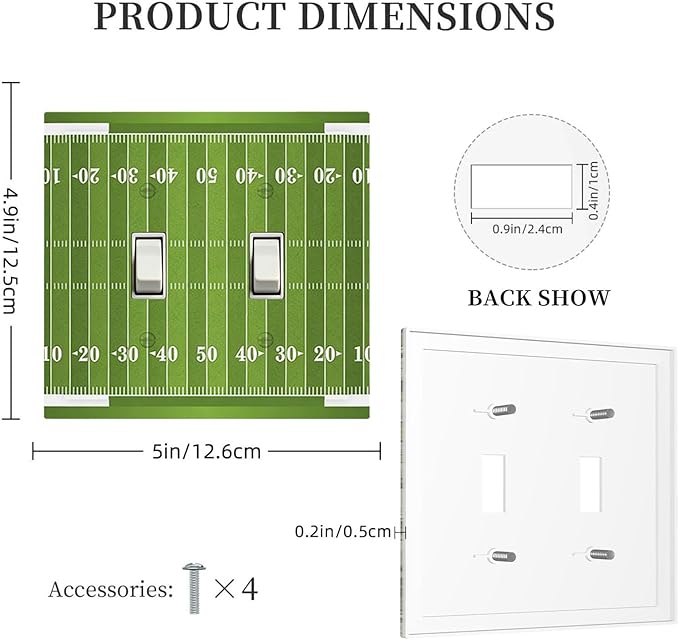 Football Field Double Toggle Switch Cover - 2-Gang Standard US Size Game Day Gridiron Light Switch Covers, Vintage Football Design for Boys Room Decor
