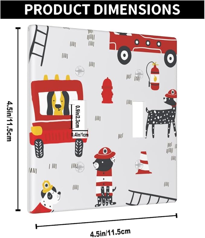 Cute Cartoon Fireman Double Toggle Light Switch Cover, Firefighter Fire Truck 2-Gang Wall Plate for Boys Bedroom Playroom Fireman Theme Decor