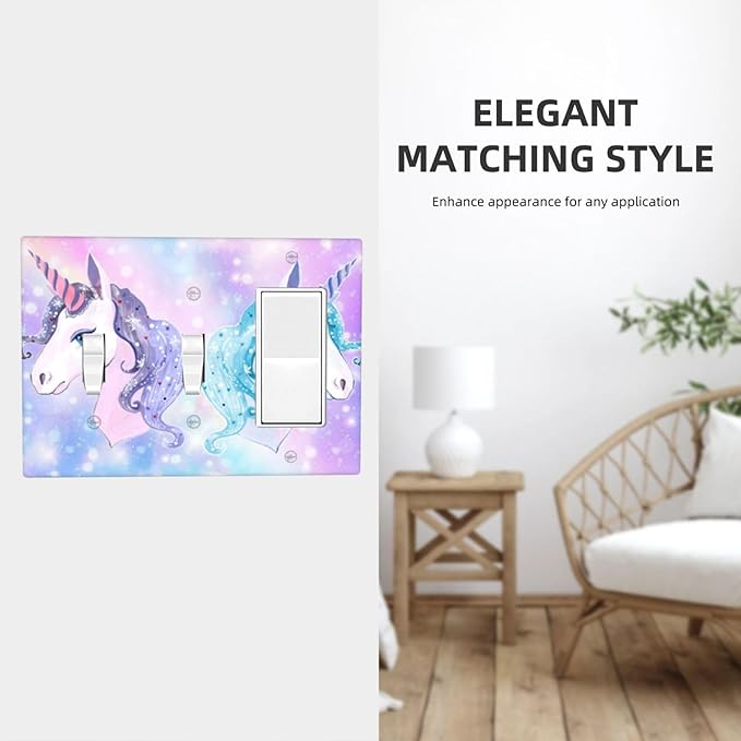 Dreamy Purple/Blue Rainbow Unicorn 3-Gang Combination Double Toggle/Single Decorator Outlet Wall Plate Cute Kid Girls Electric Decorative 2-Toggle 1-Rocker/GFCI Combo Light Switch Cover (Not Glitter)