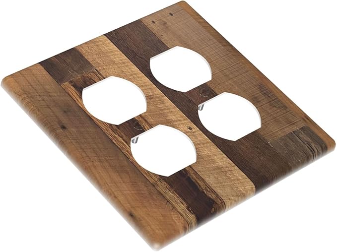 Outlet Covers Natural Wood Brown Wooden Planks 2 Gang Double Duplex Decorative Light Switch Covers Electrical Wallplates Socket Faceplate For Farmhouse Cabin Decor