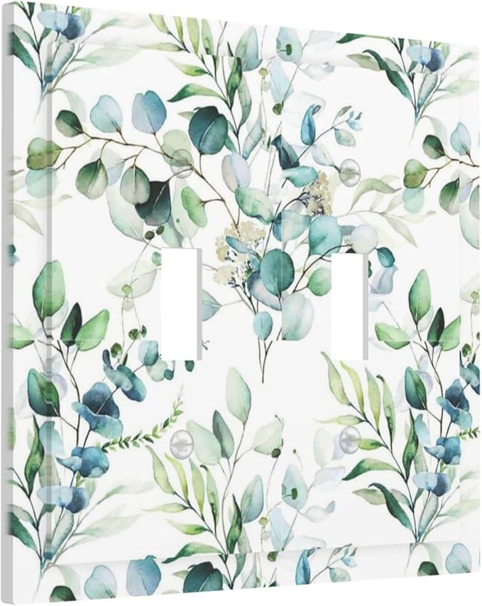 Green Eucalyptus Sage Leaves Toggle Light Switch Cover 2-Gang Elegant Watercolor Plant Floral Vine Olive Leaf Electrical Decorator Dual Device Face Wallplate Decorative Double Switch Plate Covers