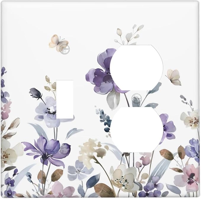 Purple Watercolor Flower Floral Butterfly Wallplates 1 Toggle 1 Duplex Switch Plate Electrical GFCI Faceplate Decorative Light Switch Covers for Bedroom Living Room Decor