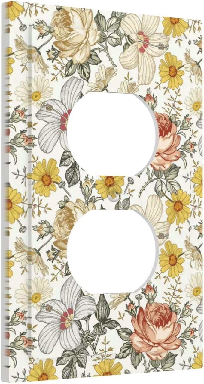 Multicolor Peony Daisy Vintage Floral Flower Outlet Covers 1 Gang Duplex Light Switch Cover Decorative Switch Plates Electrical Receptacle Faceplate Wall Plate for Bedroom Living Room Decor