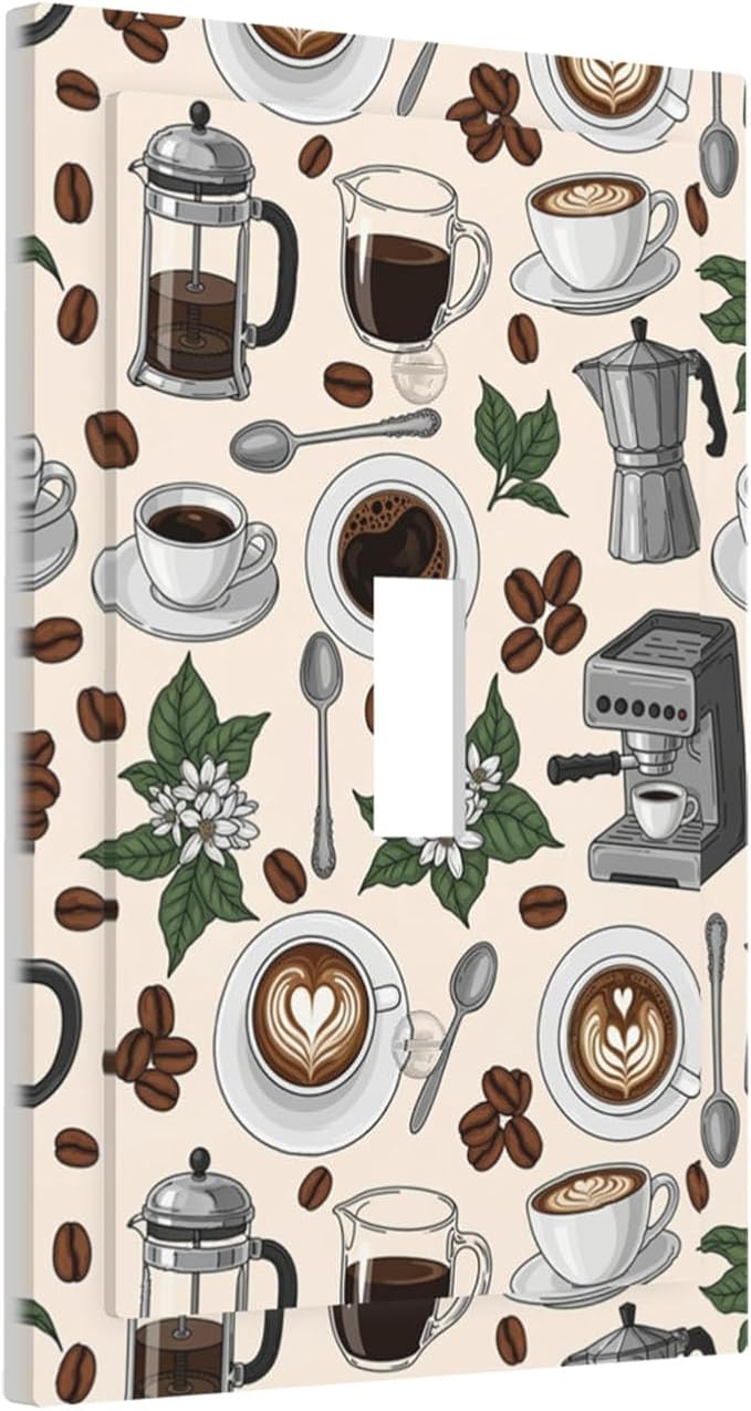Whimsical Coffee Shop 1-Gang Toggle Light Switch Plate, Vintage Coffee Culture Espresso Decorative Wall Plate for Dining Room Decor