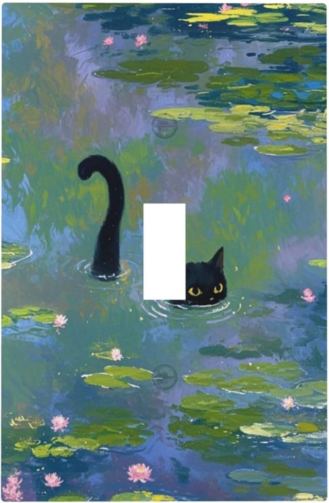 Light Switch Cover Plate Cute Black Cat Water Lily Pond Watercolor 1 Gang Single Toggle Decorative Switch Plates Wall Plates Electrical Faceplate Socket Covers for Kids Room Nursery Decor