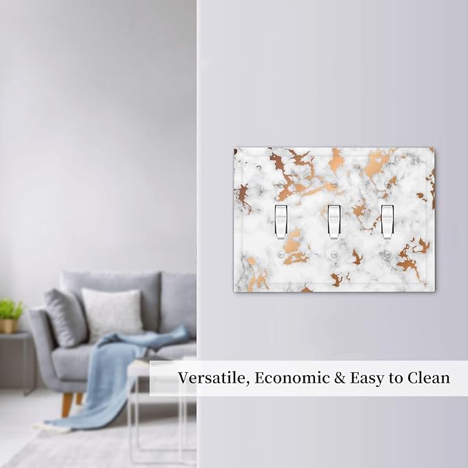 Lexury White Red Golden Marble 3 Gang Light Switch Plate Decorative Triple Toggle Wall Plate Cover Electrical Faceplate for Bathroom Home Living Room Decorate