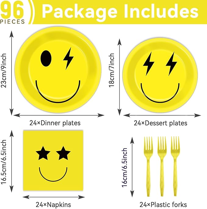 96PCS Smile Face Paper Plates and Napkins Yellow Smile Face Birthday Party Supplies for 24 Guests Preppy Disposable Dinnerware Set Preppy Cake Tableware Party Decorations for Bachelorette Baby Shower