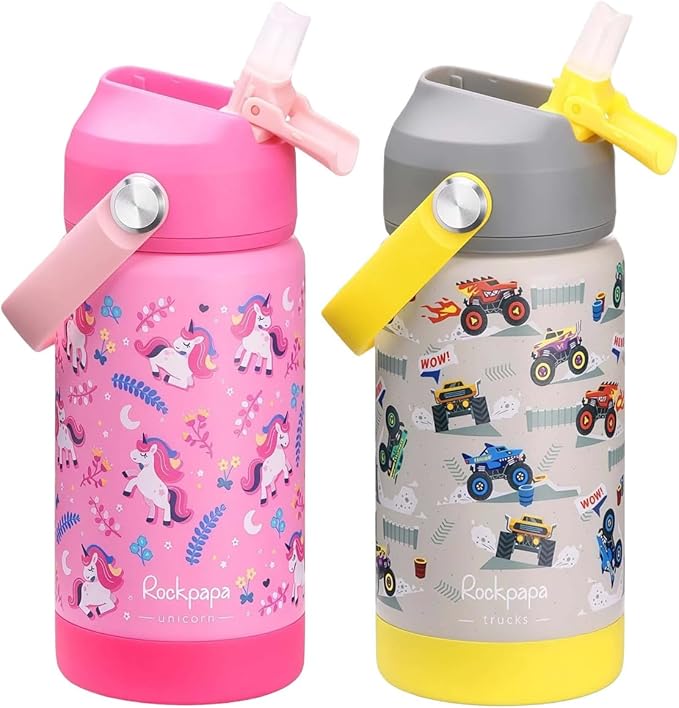 rockpapa 2 Pack Kids Insulated Water Bottle with Straw, BPA-Free, Stainless Steel, Leak Proof 14OZ Metal Cup Water Bottle for School Boys Girls (Unicorn+Grey Trucks)