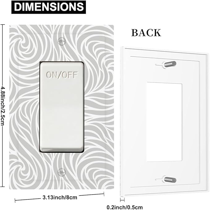 Silver Swirls Single Rocker Switch Cover - 1-Gang Standard US Size Modern Abstract Wave Vortex, Neutral Gray Decorative Light Switch Covers for Contemporary Home Decor