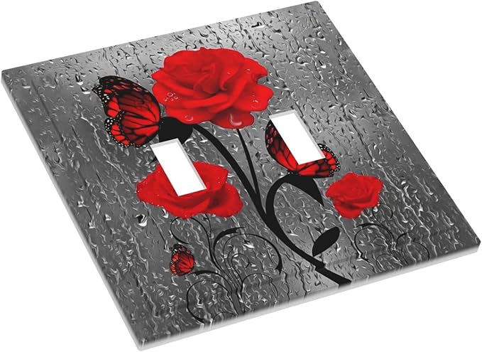 Butterfly Red Rose Flower 2 Gang Double Toggle Light Switch Cover Decorative Valentine's Day Wall Plate Faceplate Girls Water Red Rose Floral Bathroom Home Living Room Decor 5" x 4.9 Standard size