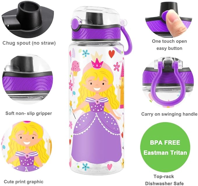 Home Tune Cute Water Bottle for School Kids Girls, BPA FREE Tritan & Leak Proof & Easy Clean & Carry Handle, 23oz/ 680ml - Princess