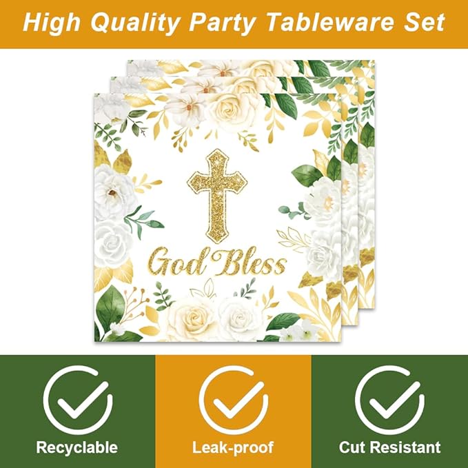 40Pcs God Bless Party Decorations Tableware Supplies 20 Plates and 20 Napkins for God Bless Baptism Party Decoration Serve 20 Guests