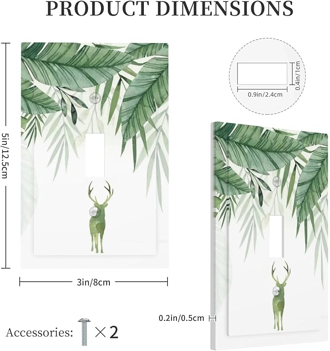 Deer Banana Leaves Palm Trees Green Plants Decorative Light Switch Cover 1 Gang Single Toggle Device Electrical Faceplate Switchplates Decorator Outlet Wall Plate for Bed Room Living Room Decor