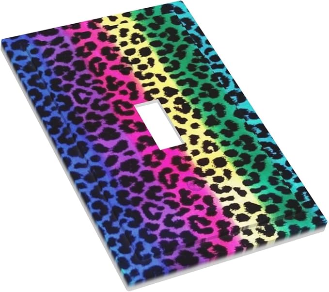 Tie Dye Rainbow Leopard Print Wall Plate Single Toggle 1 Gang Switchplate Decorative Light Switch Cover Wallplate Colorful Boho Leopard Stripes Rainbow Bohemian Gypsy Trippy Home Room Bathroom Decor