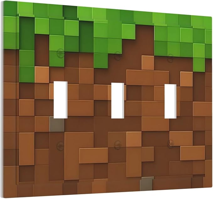 Pixel Style Gamer Themed Grass Block Decorative Switch Plates 3 Gang Wall Plate Triple Toggle Light Switch Cover Faceplate Electrical Wall Panels for Kids Room Office Home Decor