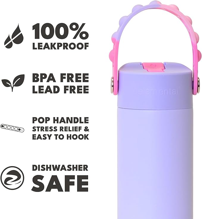 Elemental Insulated Kids Water Bottle, Stainless Steel Water Bottle with Straw Lid & Pop-It Handle, Leak-Proof Water Bottles for School, Boys or Girls, Travelling and Sports, 18oz - Lilac Tie Dye