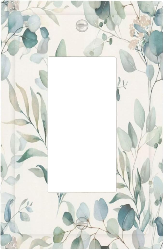 Boho Green White Eucalyptus Leaf Floral Decorative Outlet Covers 1 Gang Single Rocker Light Switch Cover Plate Wall Plates GFCI Faceplate for Farmhouse Living Room Decor