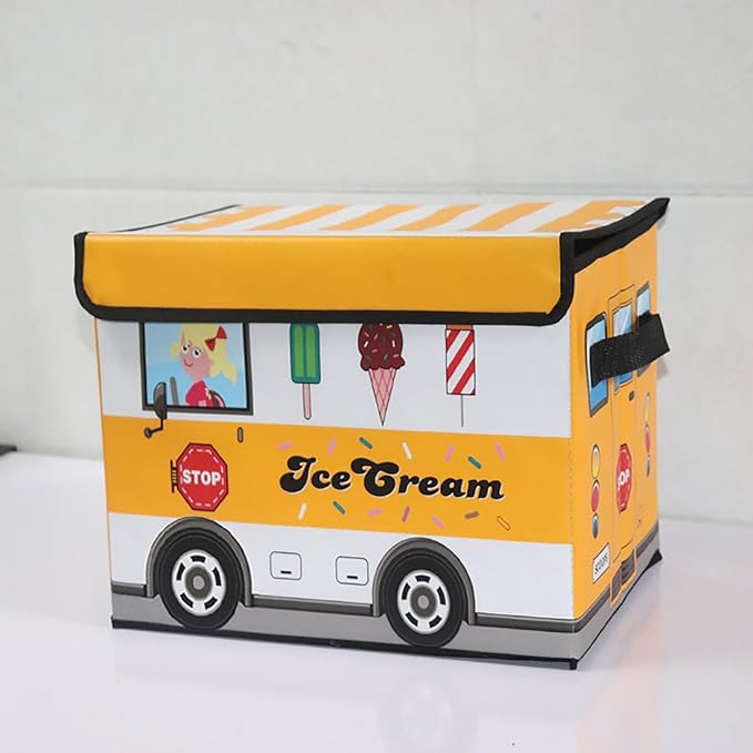 2-Pack Foldable Cartoon Storage Bins with Lids, 15x9.9x9.9 in Cute Cartoon Organizer Boxes, Dustproof Home Storage Containers, Ice Cream Truck