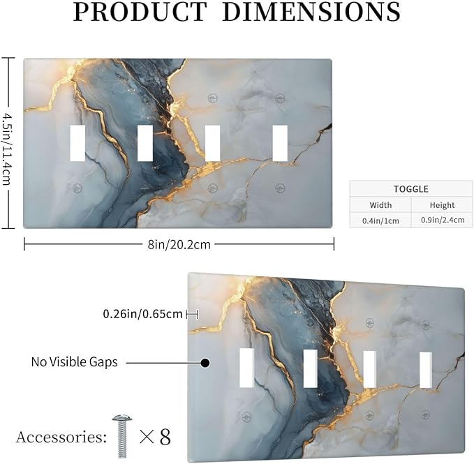 Abstract Blue Granite Luxury Texture Print Quad Toggle Light Switch Cover 4 Gang Wall Plate Decorative Electrical Switchplates Covers for Country Bathroom Bedroom Kitchen Living Room Decor