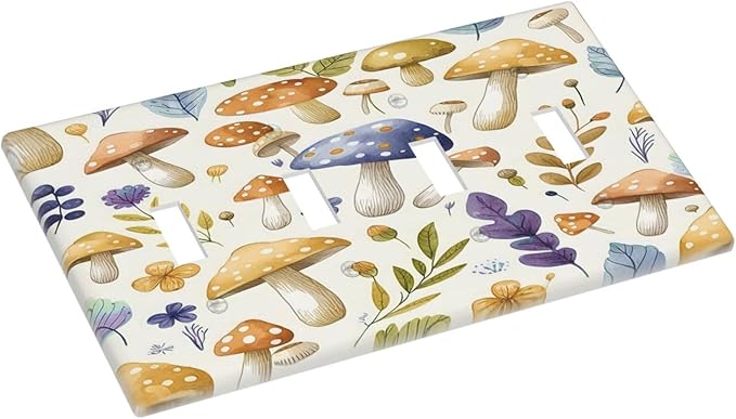 Boho Watercolor Mushroom Flowers Leaf Colorful Floral Light Switch Covers Quad Toggle Electrical Faceplate 4 Gang Wall Plate Decorative Switch Plates Cover for Kids Room Nursery Decor