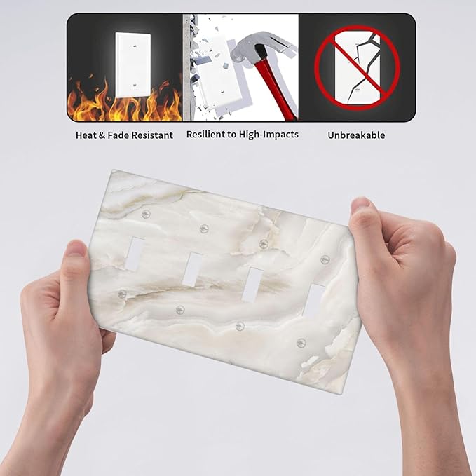 Abstract Luxury White Marble Texture Light Switch Covers Quad Toggle Electrical Faceplate 4 Gang Wall Plate Decorative Switch Plates Cover for Bathroom Kitchen Living Room Decor