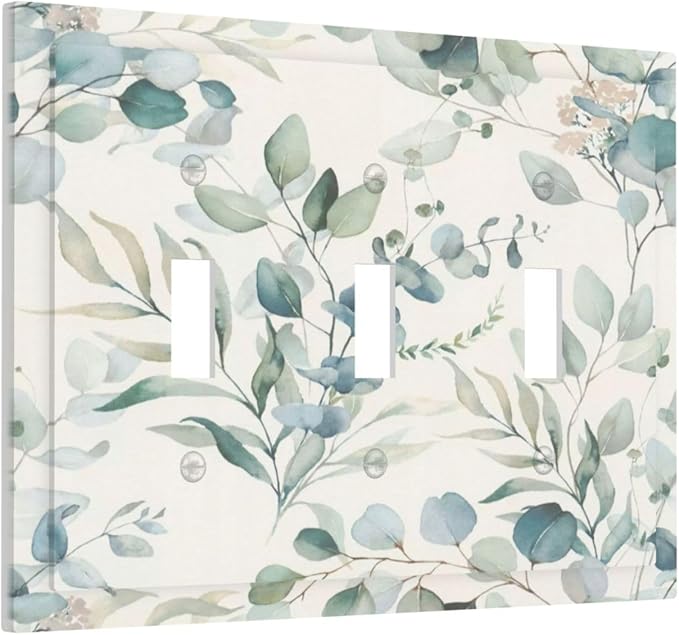 Boho Green White Eucalyptus Leaf Floral Decorative Switch Plates 3 Gang Wall Plate Triple Toggle Light Switch Cover Faceplate Electrical Wall Panels for Farmhouse Living Room Decor