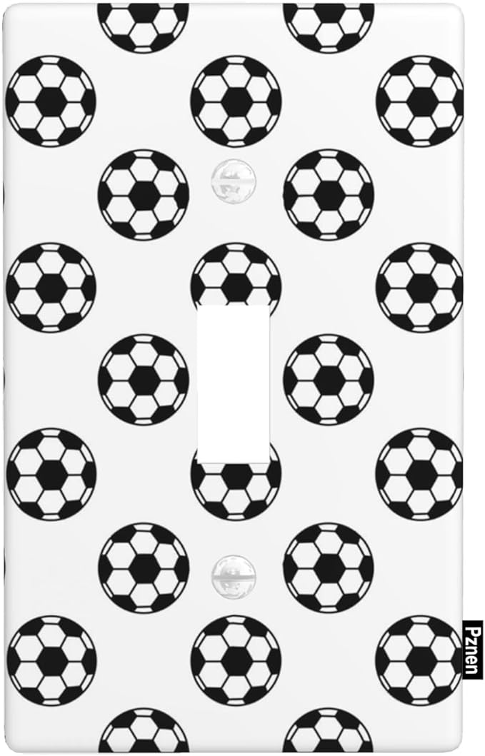 Soccer Theme Single Toggle Light Switch Cover, Black White Soccer Balls 1-Gang Wall Plate 4.5 x 2.76 Inch for Men Teen Boys Bedroom Bathroom Decor