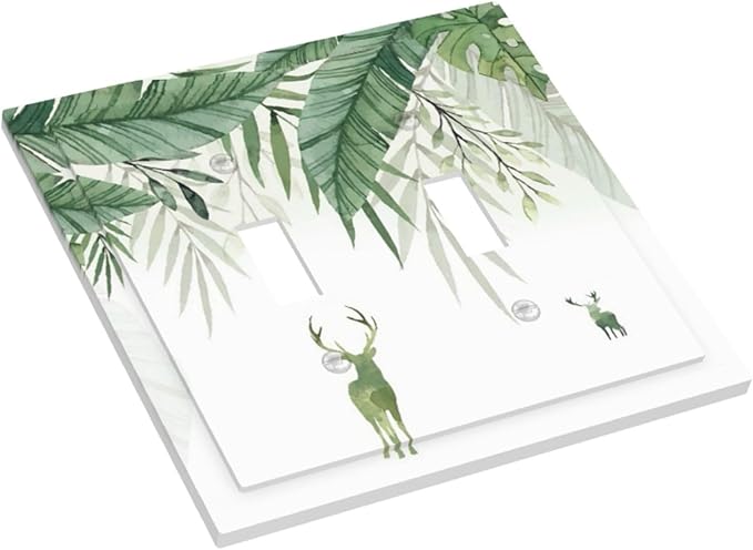 Deer Banana Leaves Palm Trees Green Plants Decorative Switch Plates 2 Gang Double Toggle Outlet Light Switch Cover Wall Plate Electrical Faceplate for Bed Room Living Room Decor