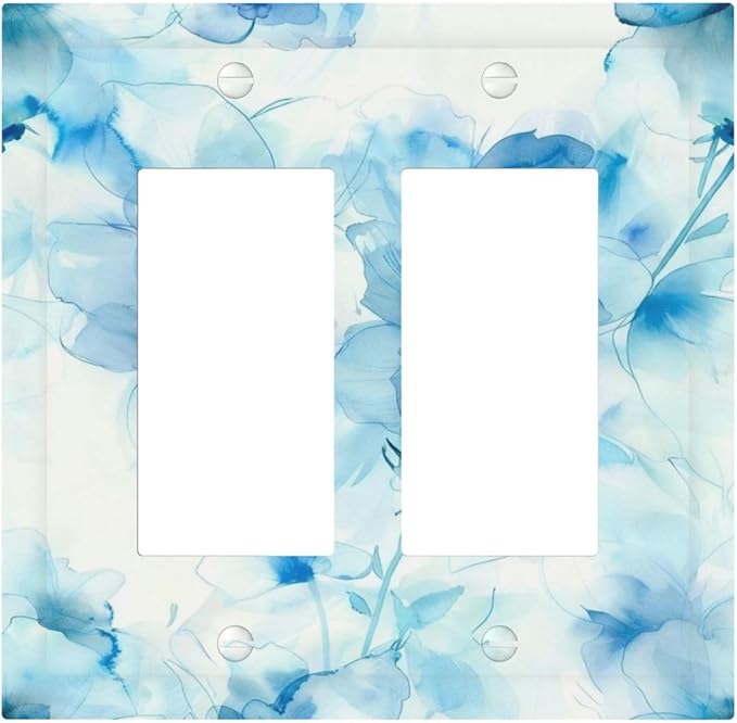 Watercolor Flower Blue White Large Floral Leaf Plants Decorative Outlet Covers 2 Gang Double GFCI Rocker Electrical Wall Panels Light Switch Cover Plate for Bedroom Living Room Decor