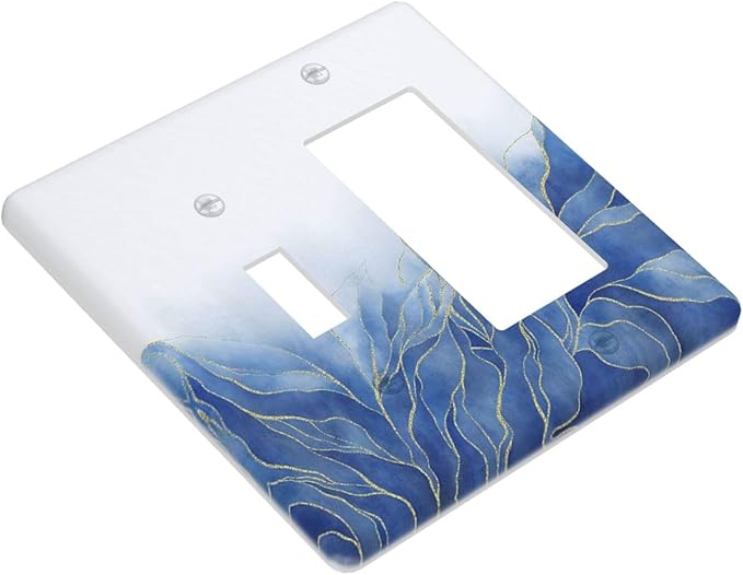 Outlet Covers Blue Gold Leaf Marble Modern Abstract 2 Gang Combo Light Switch Cover Plate Toggle Rocker Wallplates Decorative Switch Plates and Outlet Covers for Kitchen Bathroom Decor