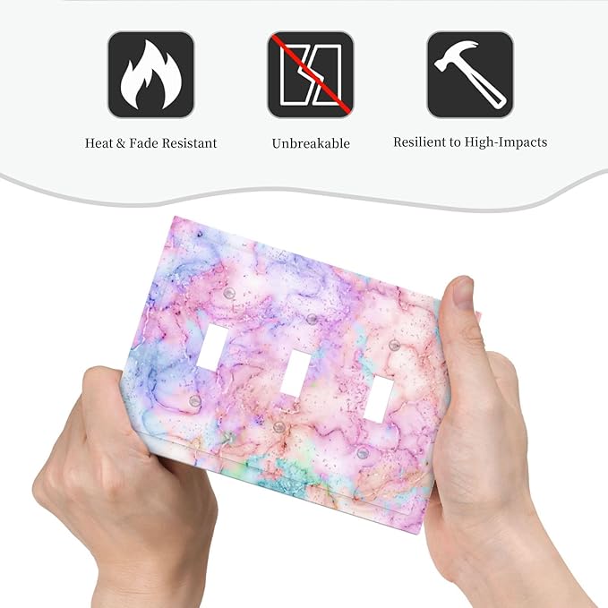 Decorative Switch Plate Covers Cute Marble Texture 3 Gang Light Switch Cover Pink Purple Gold Abstract Triple Toggle Wall Plate Electrical Faceplate for Kids Girls Nursery Bedroom Home Decor