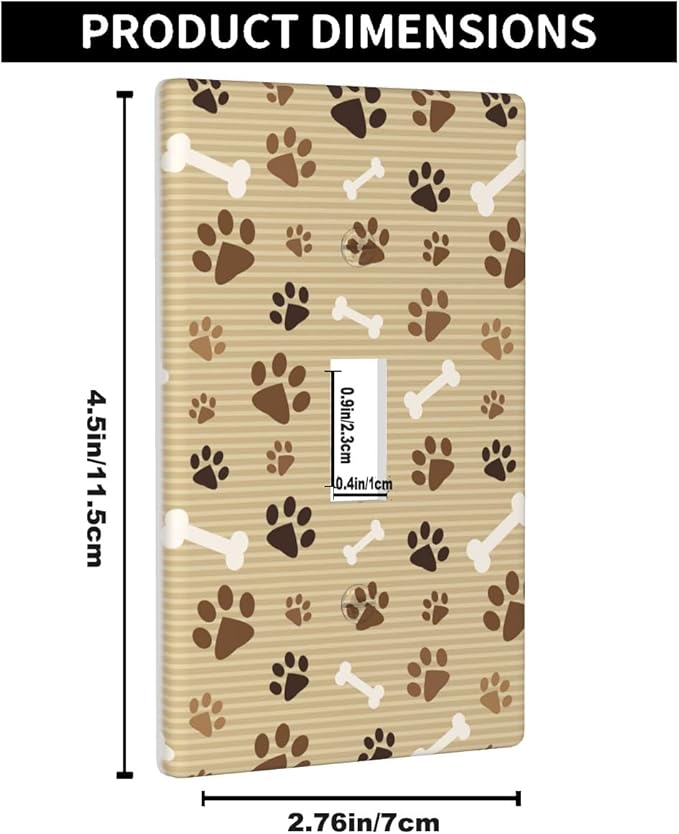 Paw Print Brown Light Switch Cover Dog Bone and Paw Cute Single Toggle Wall Plate 1 Gang Switchplate Home Decor for Bedroom Bathroom 4.5"x 2.76"
