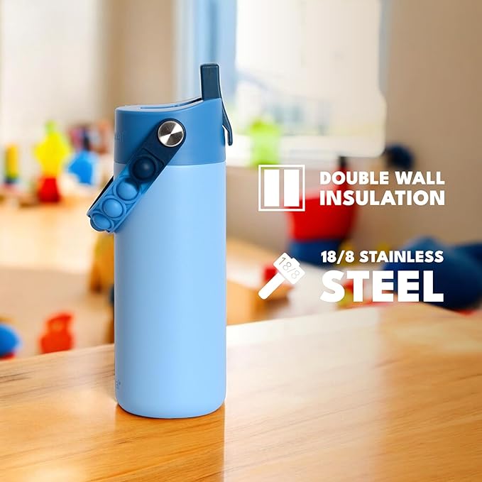Elemental Insulated Kids Water Bottle, Stainless Steel Water Bottle with Straw Lid & Pop-It Handle, Leak-Proof Water Bottles for School, Boys or Girls, Travelling and Sports, 18oz - Ocean Tie Dye