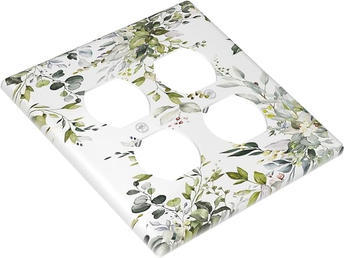 Eucalyptus Sage Green Leaf Plant Floral Outlet Covers 2 Gang Double Duplex Decorative Light Switch Covers Electrical Wallplates Socket Faceplate for Bedroom Living Room Decor