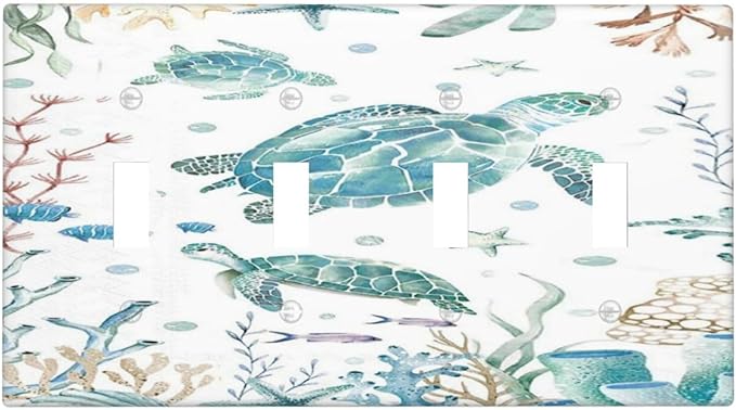 Sea Turtle Ocean Starfish Fish Coral Pearl Light Switch Covers Quad Toggle Electrical Faceplate 4 Gang Wall Plate Decorative Switch Plates for Bathroom Kids Room Decor