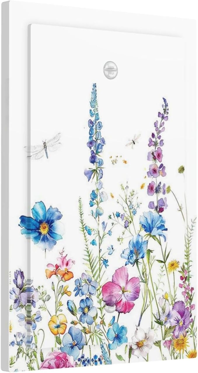 Light Switch Cover Plate Boho Colorful Flowers Plants And Dragonflies 1 Gang No Device Blank Electrical Wall Plates Faceplate Decorative Switch Plate for Bedroom living Room Decor