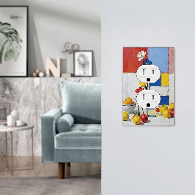 Color Block Floral Still Life Art Red Yellow Blue Abstract Outlet Covers 1 Gang Duplex Light Switch Cover Decorative Switch Plates Electrical Receptacle Faceplate Wall Plate for Farmhouse Bedroom