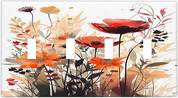 Light Switch Covers Country Watercolor Flowers Art Wildflower Quad Toggle 4 Gang Wall Plate Electrical Faceplate Decorative Switch Plates for Bedroom Cabin Decor