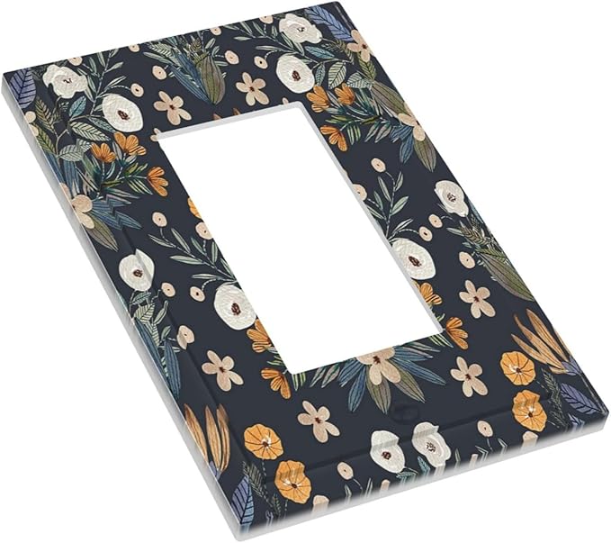 Boho Leaf Floral Navy Blue Background 1 Gang Rocker Light Switch Covers Single Decora Outlet Wall Plate Decorative Switchplate Faceplate GFCI for Farmhouse Country Bedroom Bedroom Decor