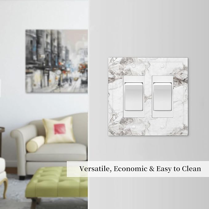 White And Gray Marble Patterns Texture Abstract Print Decorative Outlet Covers 2 Gang Double GFCI Rocker Electrical Wall Panels Light Switch Cover Plate for Bathroom Kitchen Decor
