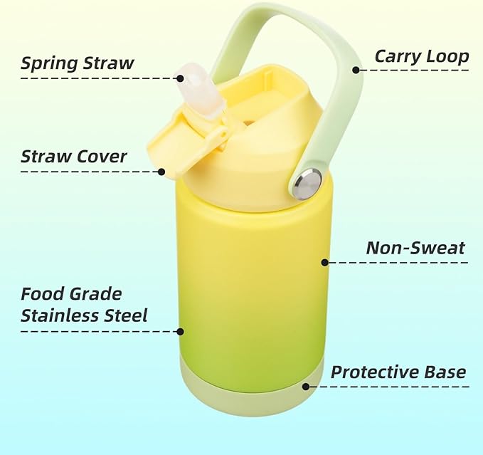 Konokyo Insulated Water Bottle with Straw Lid,12 oz Stainless Steel Vacuum Metal Bottle with Silicone Handle,Lime