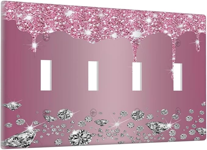 Sparkling Diamonds Pink Silver Glitter Drops Print Quad Toggle Light Switch Covers Decorative Unique 4 Gang Wall Plate Electrical Faceplate Switchplate for Kitchen Bedroom Bathroom Decor