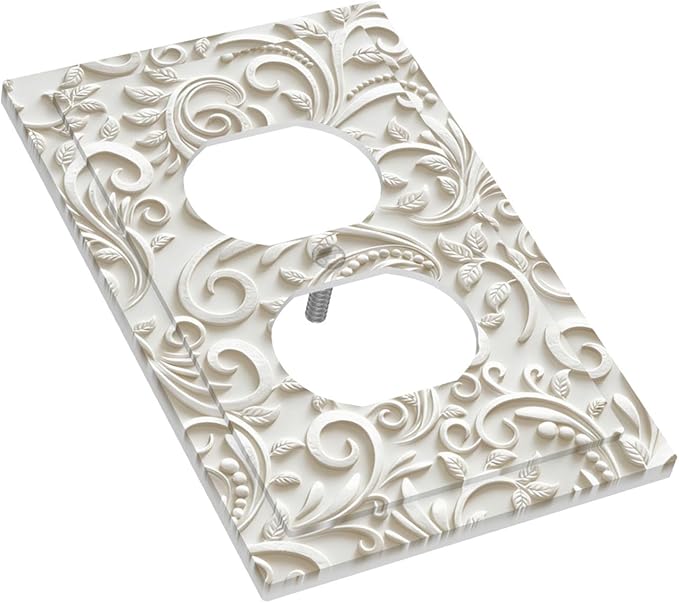 White Floral Vine 1-Gang Duplex Wall Plate, French Scroll Printed Pattern Outlet Cover, Neutral Farmhouse Home & Office Decor, Standard US Size Plug Cover