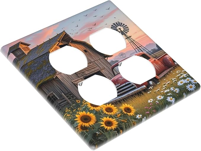 Rustic Barn Red Truck Windmill Sunflower Outlet Covers 2 Gang Double Duplex Decorative Light Switch Covers Electrical Wallplates Socket Faceplate for Farmhouse Home Decor
