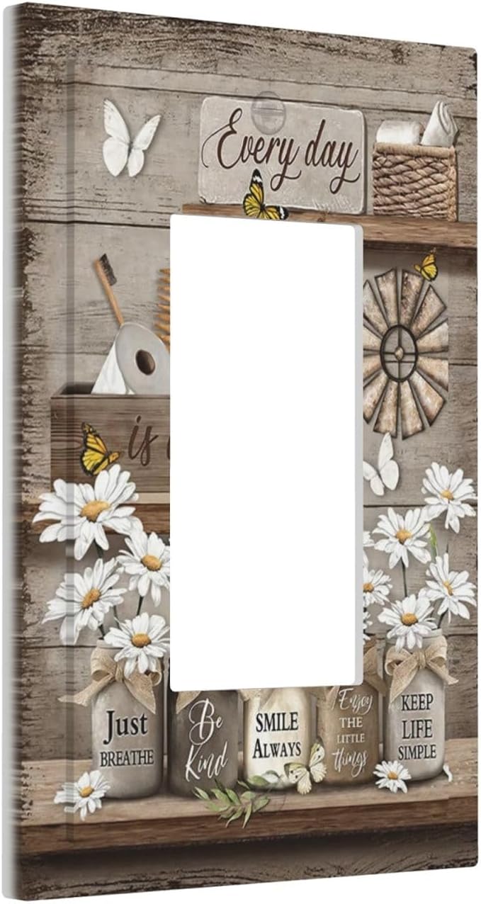 Rustic Daisy Flower Butterfly Inspirational Cottage Decorative Outlet Covers 1 Gang Single Rocker Light Switch Cover Plate Wall Plates GFCI Faceplate for Farmhouse Bedroom Decor