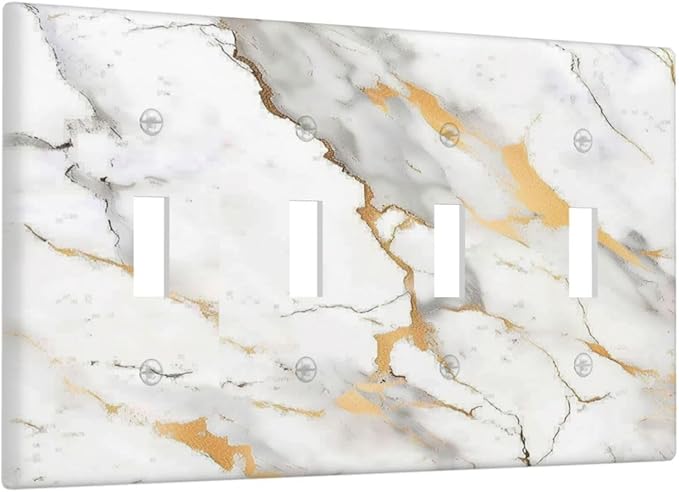 Light Switch Covers Marbling Style White Background Gold Gray Stripes Quad Toggle Electrical Faceplate 4 Gang Wall Plate Decorative Switch Plates For Bathroom Kitchen Decor