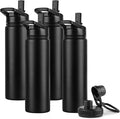 DOMICARE Insulated Water Bottle, 22 oz Vacuum Insulated Stainless Steel Reusable Sports Bottle with Straw Lid & Spout Lid for Travel, Camping, Bike, Leakproof, Black, 4 Pack