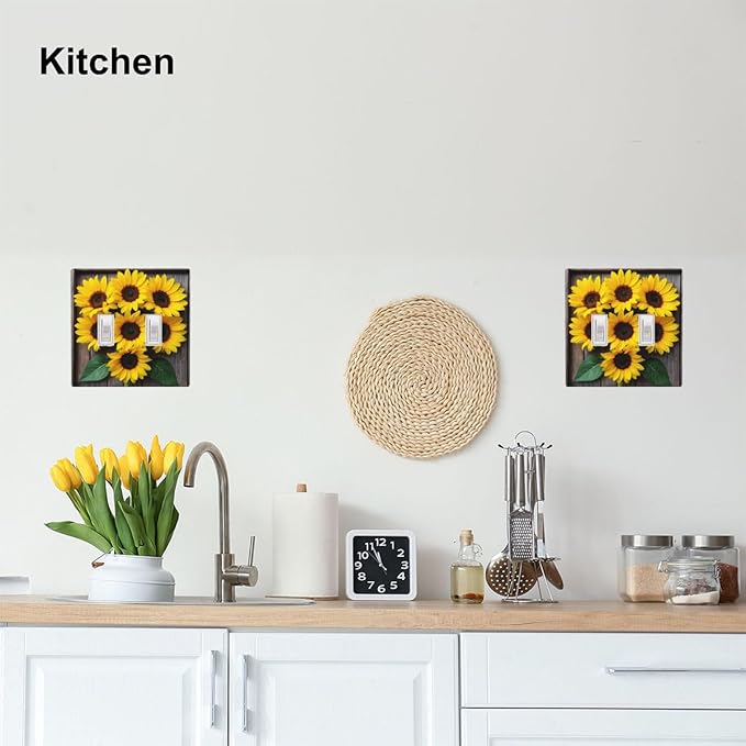 Sunflower Floral 2-Gang Double Toggle Switch Plate, Yellow Sunflower Faux Rustic Wood Wall Plate for Farmhouse, Bedroom, Kitchen & Sunroom