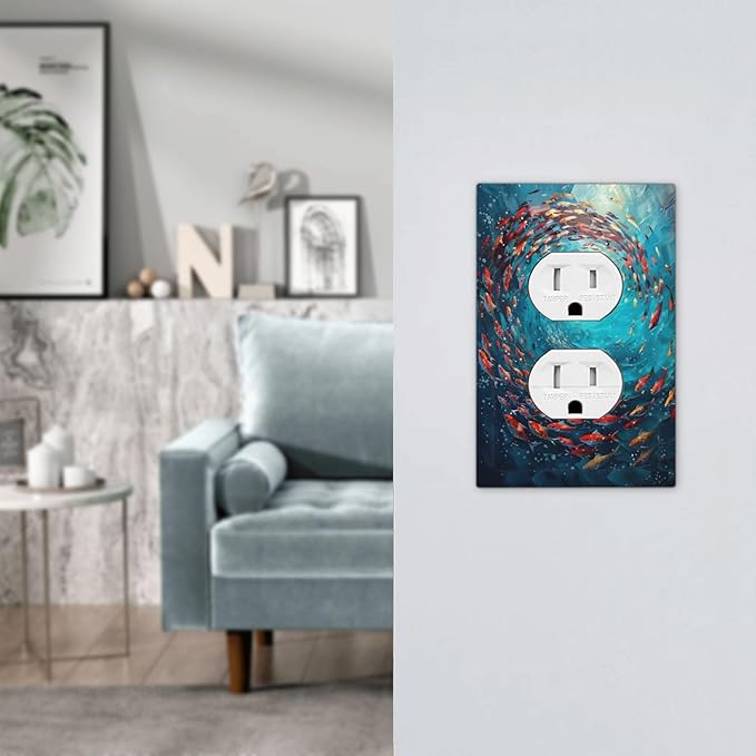 Ocean Fish School Of Fish Vortex Deep Sea Outlet Covers 1 Gang Duplex Light Switch Cover Decorative Switch Plates Electrical Receptacle Faceplate Wall Plate for Kids Room Bedroom Decor